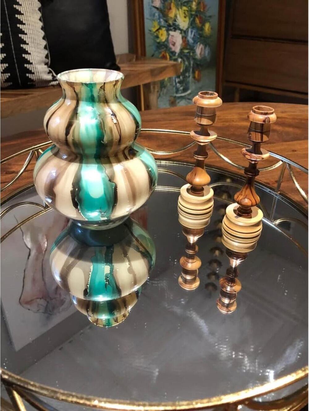 Pair of mini Olive wood candle holders, 5.5” tall